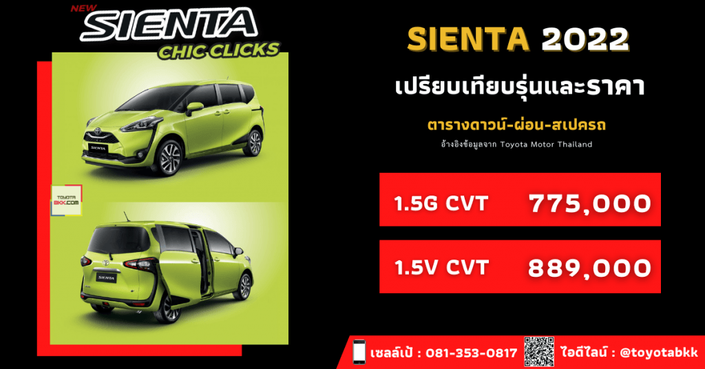 price-installment-down payment-specification comparison-toyota sienta minivan-ราคา-ตารางดาวน์ผ่อน-สเปค-รถยนต์โตโยต้า เซียนต้า