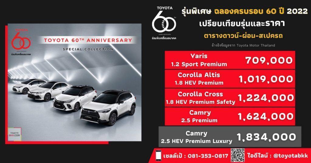 price-installment-down payment-specification comparison-toyota 60th-ราคา-ตารางดาวน์ผ่อน-สเปค-รถยนต์โตโยต้า รุ่นพิเศษฉลองครบรอบ 60 ปี price-installment-down payment-specification comparison-toyota 60th-ราคา-ตารางดาวน์ผ่อน-สเปค-รถยนต์โตโยต้า รุ่นพิเศษฉลองครบรอบ 60 ปี