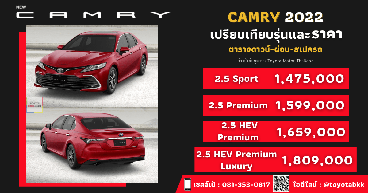 ราคา Toyota Camry 2022 ตารางดาวน์-ผ่อน เทียบสเปค