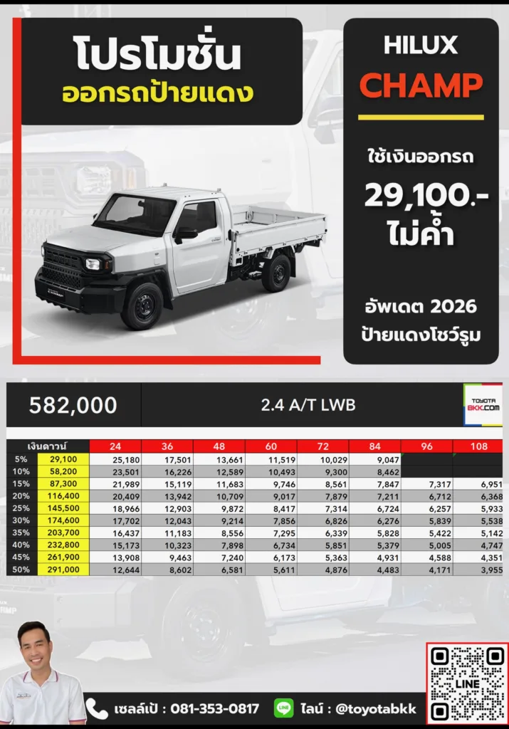 โปรโมชั่น-hilux champ 2.4 diesel 5mt lwb c&c โปรโมชั่น ตาราง ดาวน์ ผ่อน hilux champ ไฮลักซ์ แชมป์ ช่วงยาว เกียร์ออโต้