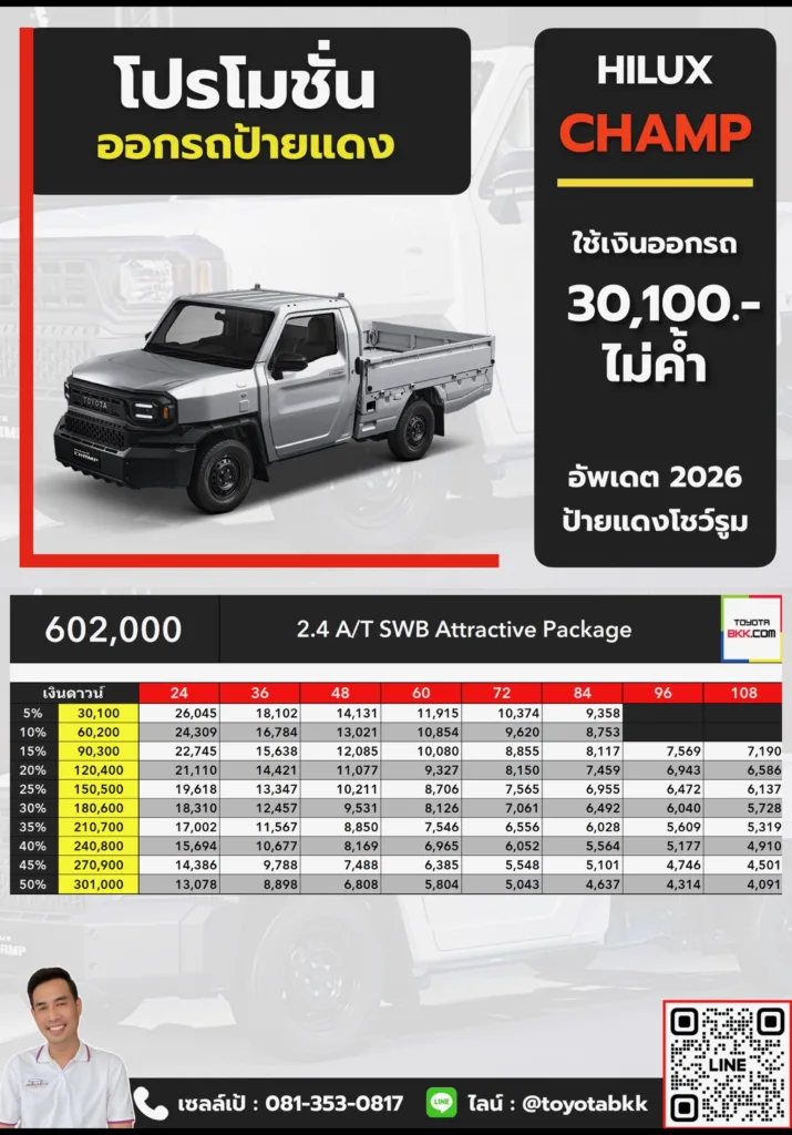 โปรโมชั่น-hilux champ 2.4 diesel 5mt lwb โปรโมชั่น ตาราง ดาวน์ ผ่อน hilux champ ไฮลักซ์ แชมป์ ช่วงสั้น เกียร์ออโต้