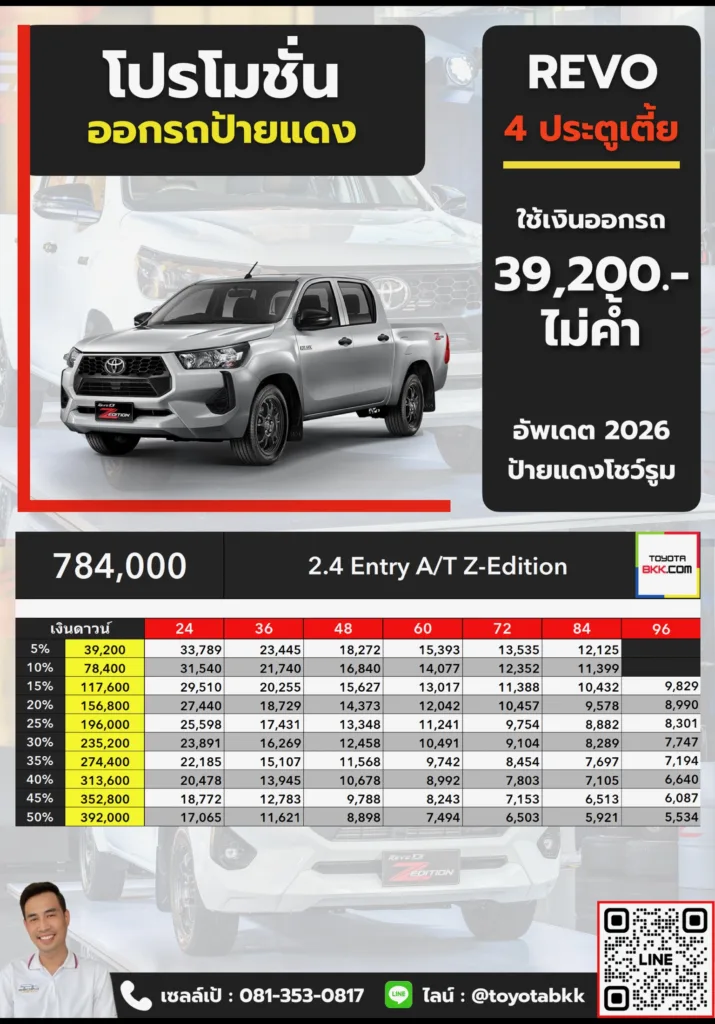 โปรโมชั่น-รีโว่ 4 ประตูเตี้ย-2.4 Entry AT Z-Edition โปรโมชั่น ตาราง ดาวน์ ผ่อน รีโว่ 4 ประตูเตี้ย-2.4 Entry AT Z-Edition