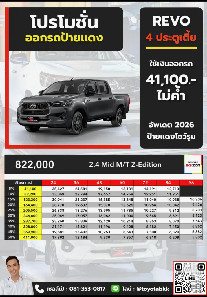 โปรโมชั่น-รีโว่ 4 ประตูเตี้ย-2.4 Mid MT Z-Edition โปรโมชั่น ตาราง ดาวน์ ผ่อน รีโว่ 4 ประตูเตี้ย-2.4 Mid MT Z-Edition